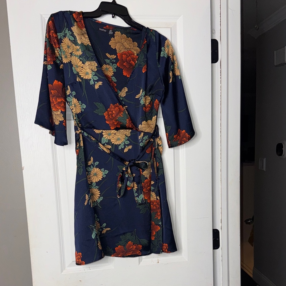 Boohoo Floral Wrap Dress - Navy and Orange
